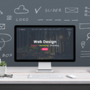 Web design concept with computer display, web theme and drawings website design