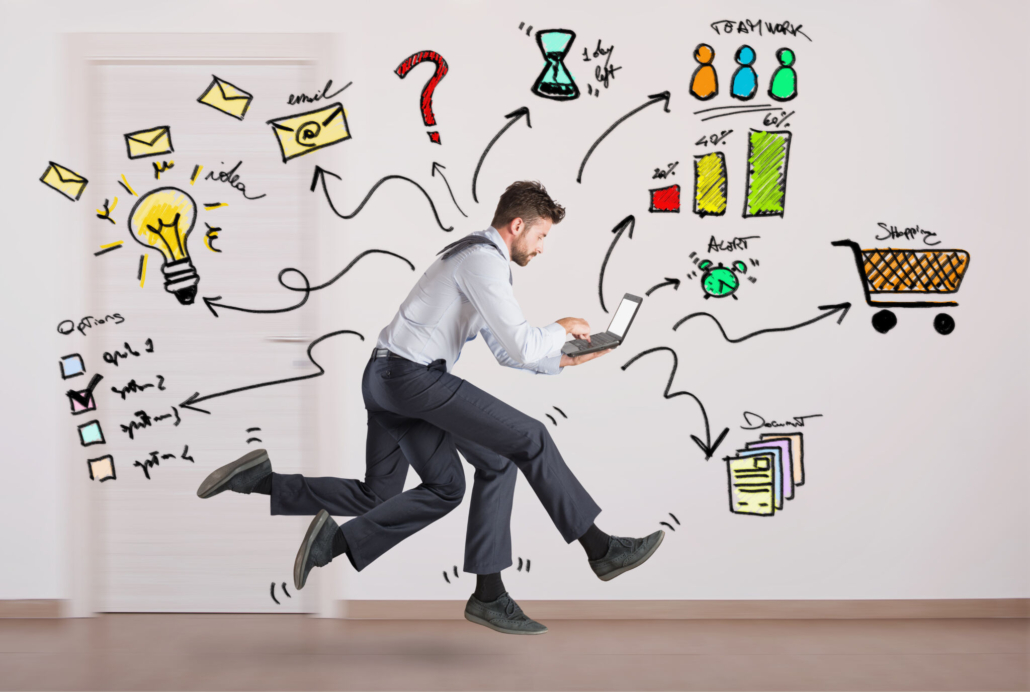 Businessman with four legs runs with too many tasks on laptop. Concept of stress and overwork