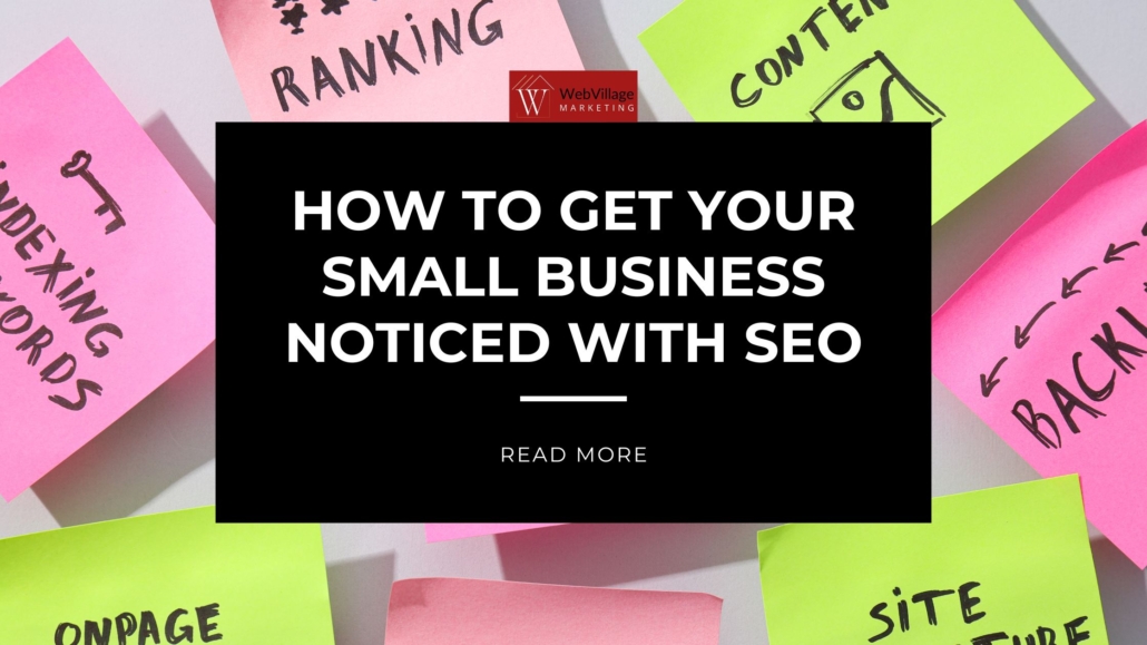  Multiple sticky notes with SEO-related words in the background along with the business logo, blog title, and read more option.