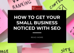 Multiple sticky notes with SEO-related words in the background along with the business logo, blog title, and read more option.