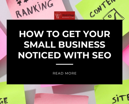 Multiple sticky notes with SEO-related words in the background along with the business logo, blog title, and read more option.