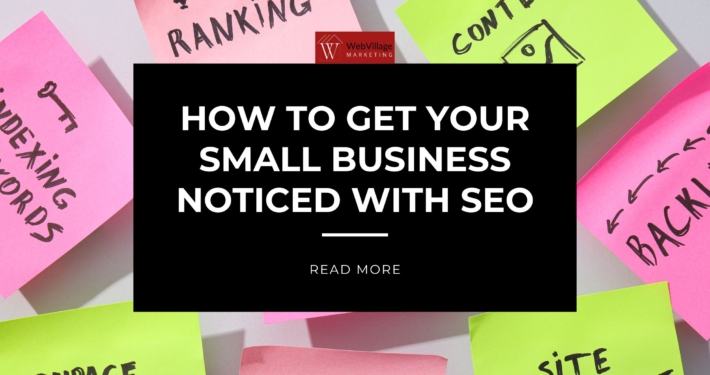 Multiple sticky notes with SEO-related words in the background along with the business logo, blog title, and read more option.